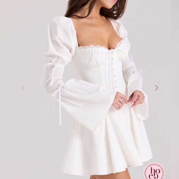 HOCB Ellerie White Cotton Flute Sleeve Mini Dress - Picture 3 of 10